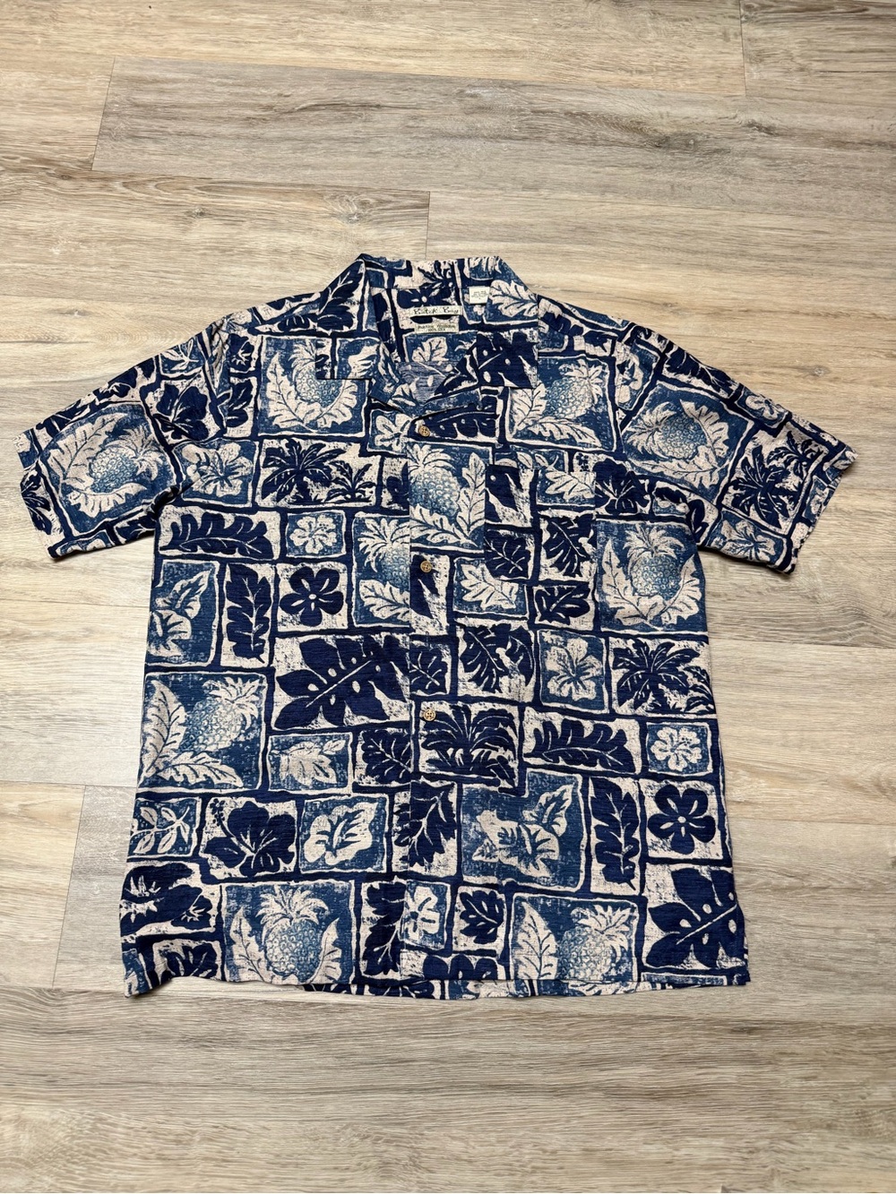 Men's Batik Bay Large 100%Silk Palm Navy Blue Hawaiian Print Short Sleeve Shirt